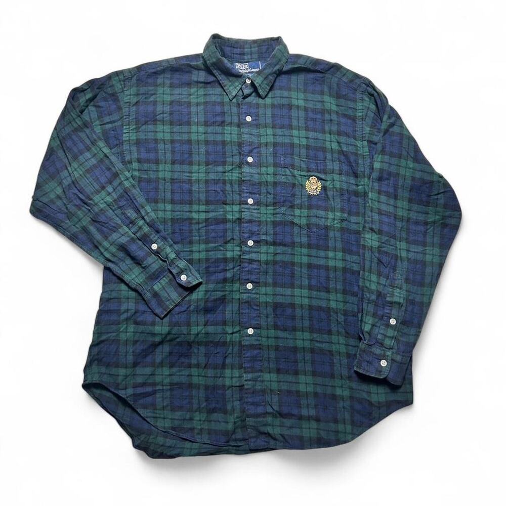 Polo Ralph Lauren 90s Vintage Crest Langston Cotton Plaid Flannel Button Shirt L